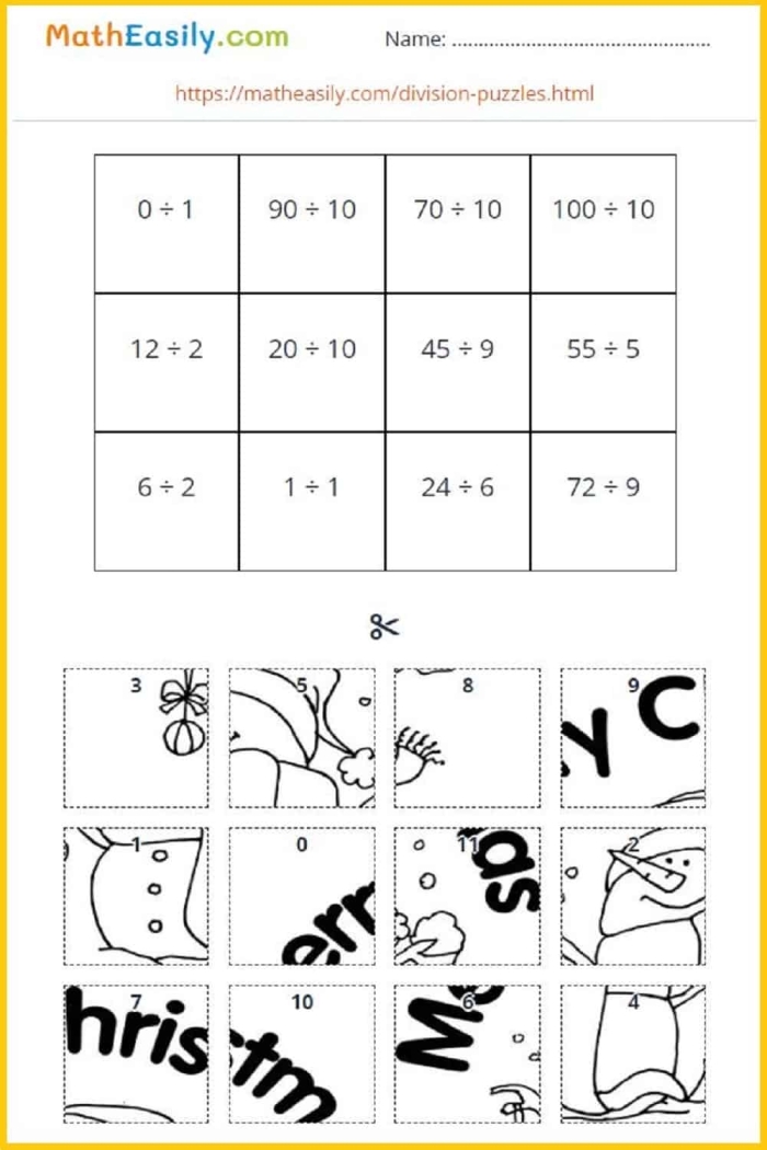 Third grade division puzzle worksheet featuring money-themed math equations