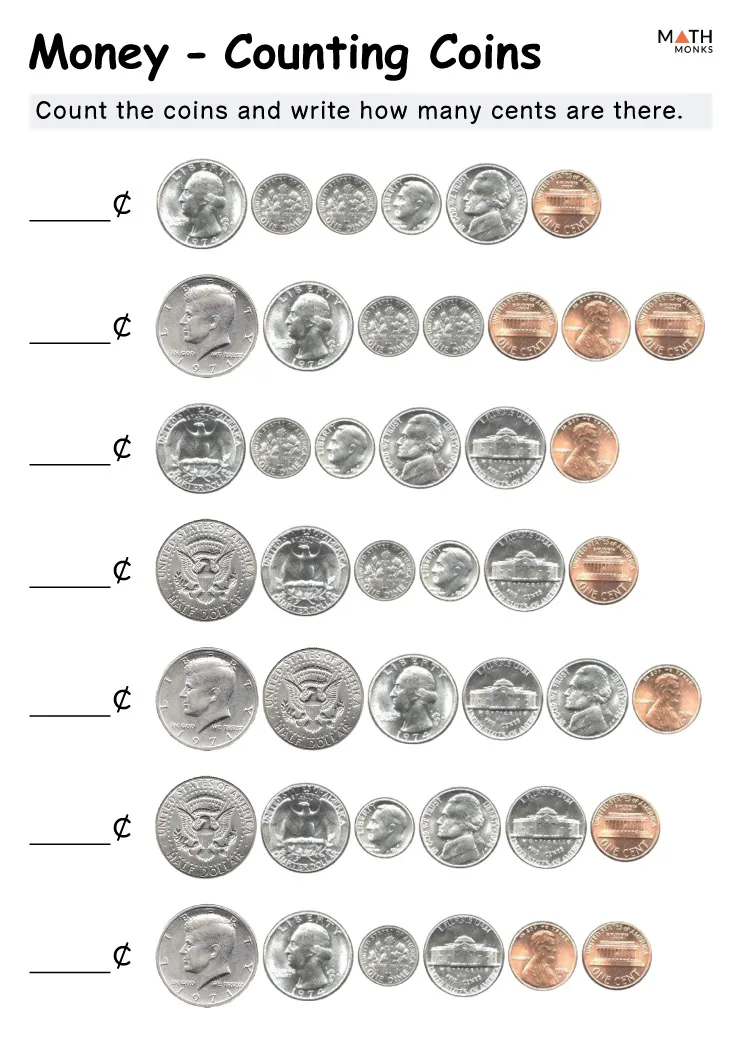 First grade students practicing math skills with the Money Mania Coins worksheet