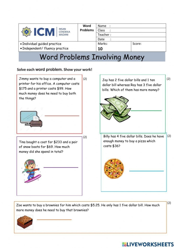 Second grade math worksheet featuring money addition word problems with fractions