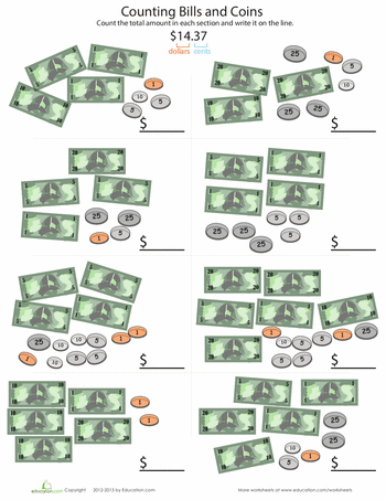 Worksheet for practicing addition of dollar amounts and coins for second graders