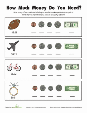 Coin and Dollar Addition Practice Worksheet for Young Learners Second grade student practicing addition of dollar bills and coins to calculate total money amounts for shopping purchases