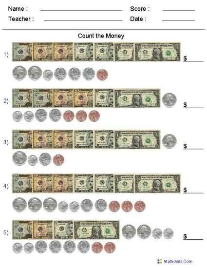 Coin and Dollar Addition Worksheet for Second Grade Number 14 Second grade student practicing addition with dollar bills and coins worksheet