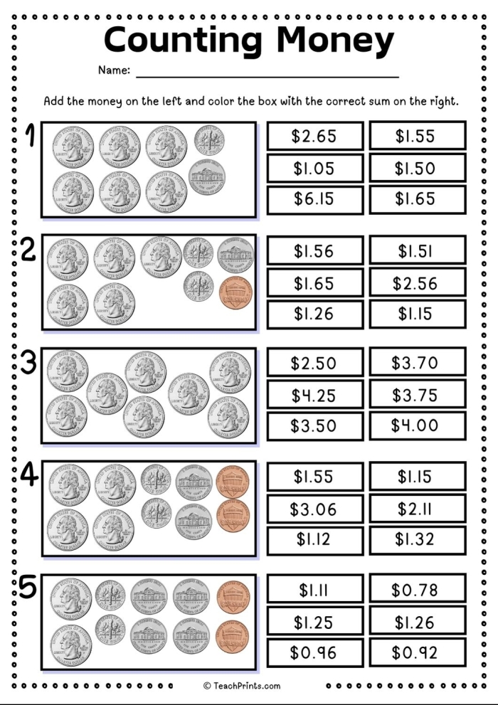 First grade student counting and adding penny, nickel, dime and quarter values on a practice worksheet