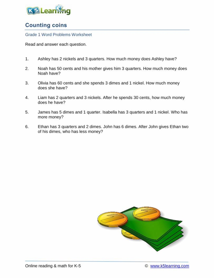 Second grade money math word problems worksheet featuring addition of dollars and cents