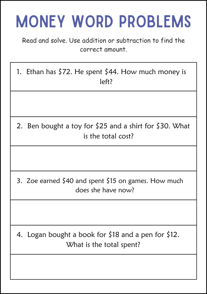 Engaging second-grade students with practical math challenges Kids solving addition word problems on a Money Math worksheet