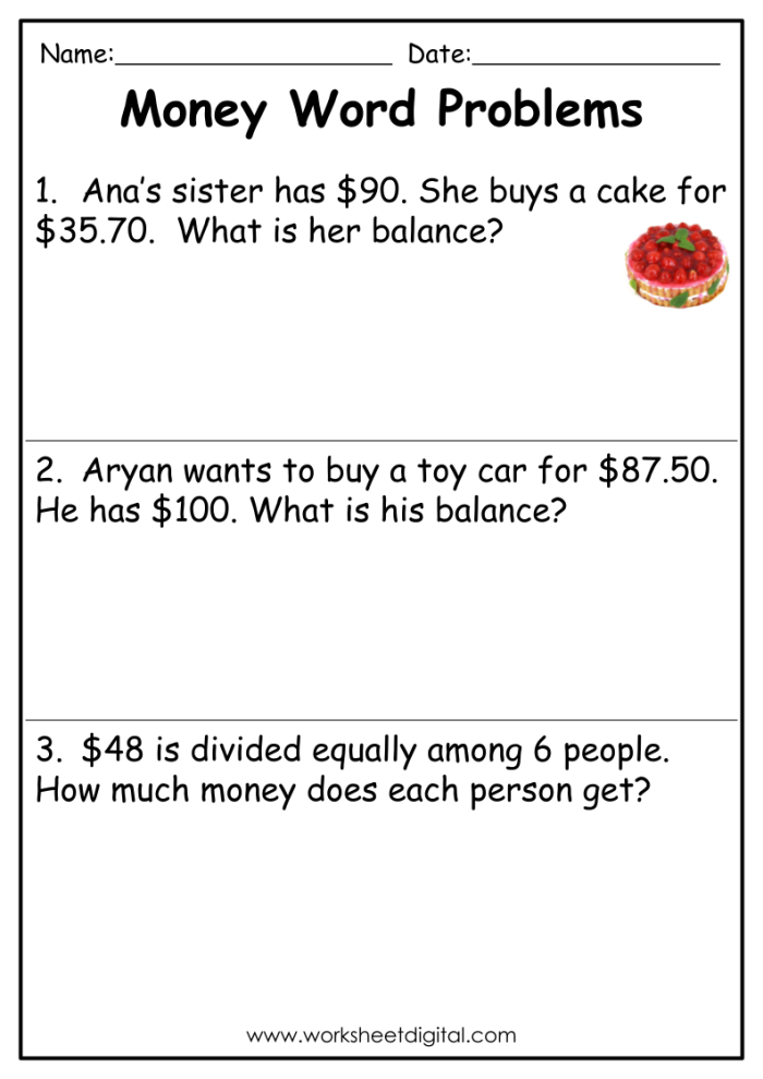 Money Math Word Problems worksheet designed for second graders to practice adding dollars and cents. Engaging worksheet for teaching fractions through money-related challenges.