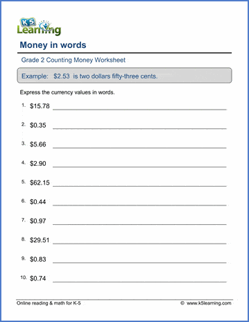 Second grade student practicing currency identification and money terms on a math worksheet
