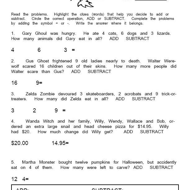 Algebra worksheet for Second Grade Colorful Monster Subtraction Word Problems worksheet for second graders featuring five engaging math challenges. Fun and educational worksheet for young learners to practice subtraction skills.