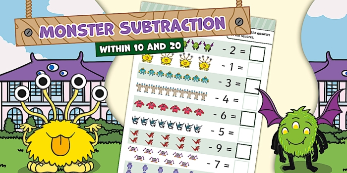 Engaging Monster Subtraction Word Problems activity for young learners Colorful worksheet featuring monster-themed subtraction word problems for second graders