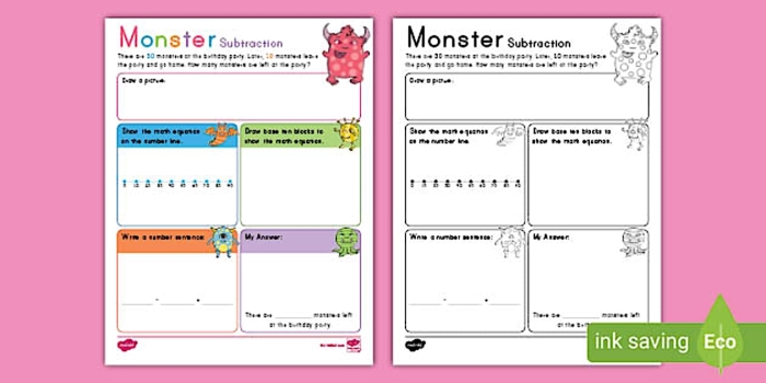Engaging Monster Subtraction Word Problems Worksheet for Kids Colorful worksheet featuring monster-themed subtraction word problems for second graders