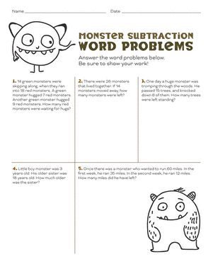 Engaging subtraction word problems for kids using fun monster characters Worksheet featuring monster-themed subtraction word problems for second graders