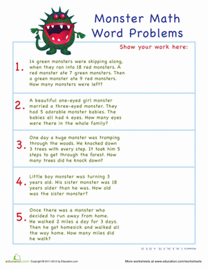 Engaging Monster Subtraction Word Problems for Young Learners Worksheet featuring monster-themed subtraction word problems for second graders