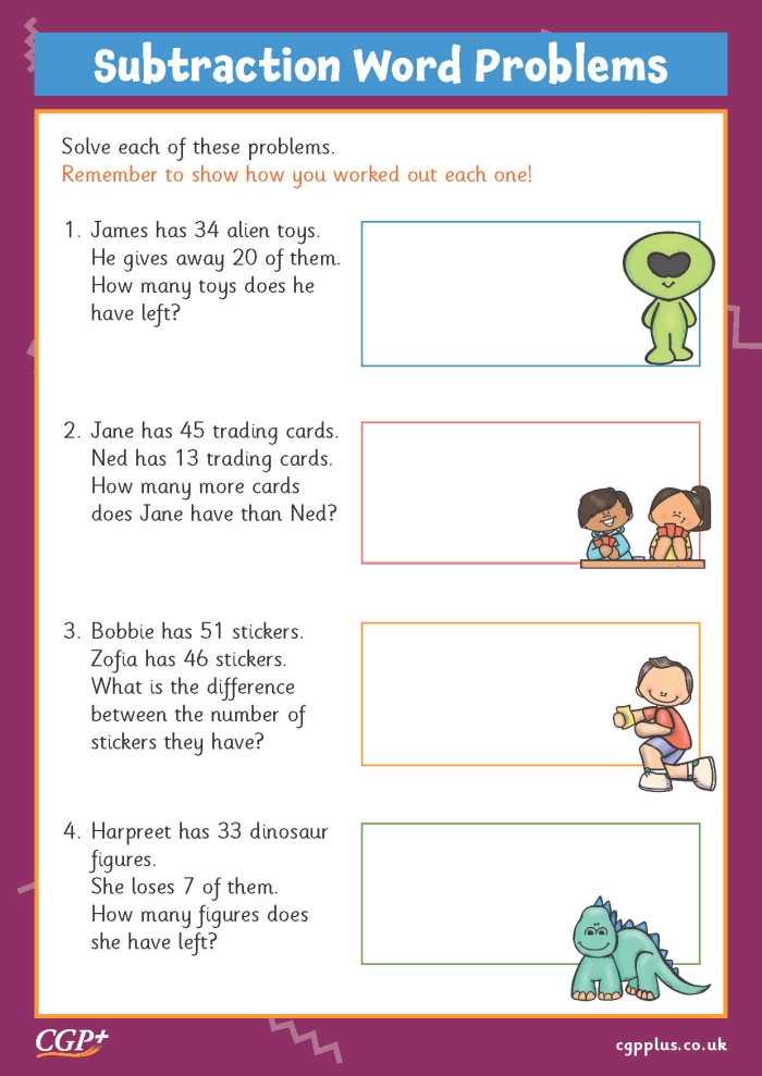 Engaging Monster Subtraction Word Problems for Second Graders Kids solving subtraction word problems featuring friendly monsters on a worksheet