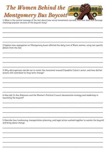Fourth grade student worksheet featuring an illustrated history lesson about the Montgomery Bus Boycott