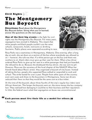 The Montgomery Bus Boycott worksheet for Fourth Grade