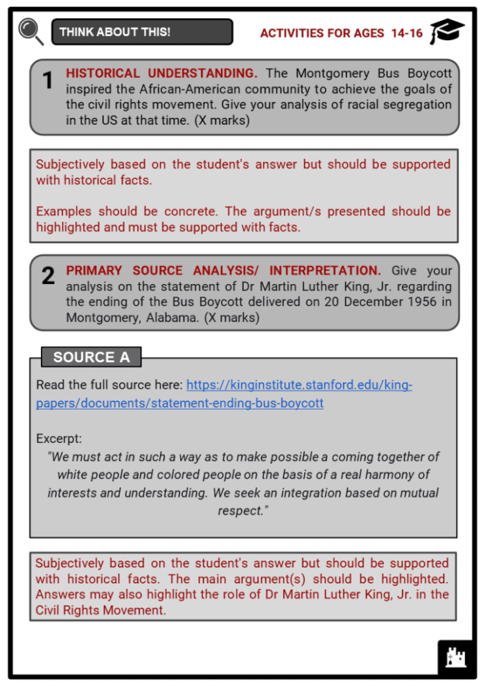 The Montgomery Bus Boycott worksheet for Fourth Grade