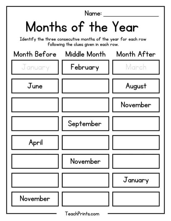 Months of the Year worksheet for first graders to enhance their calendar skills