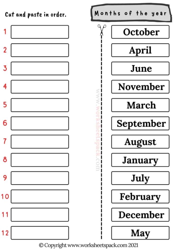 First grade worksheet for identifying the months of the year on a calendar