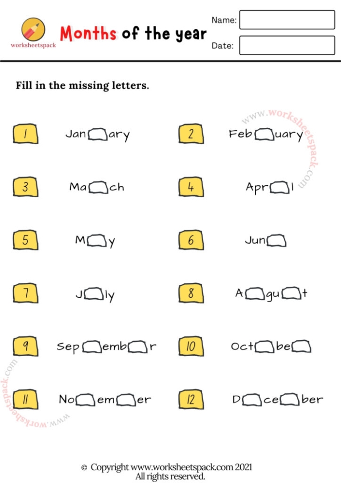 Months of the Year worksheet for first graders featuring a colorful calendar