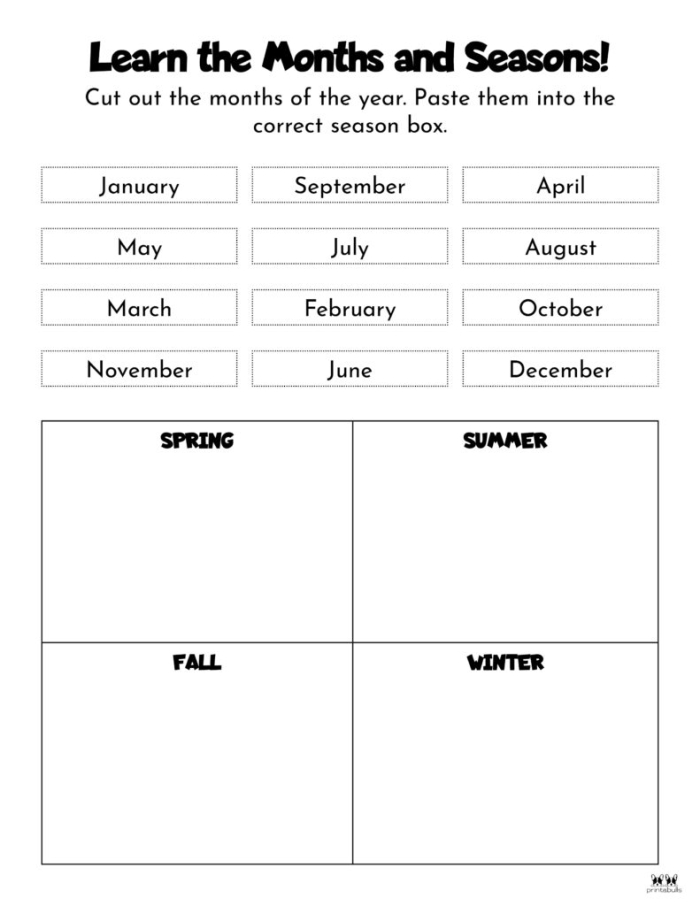 Months of the Year worksheet for first graders to learn and identify calendar months