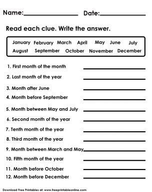 First grade worksheet for identifying the months of the year with a colorful calendar design