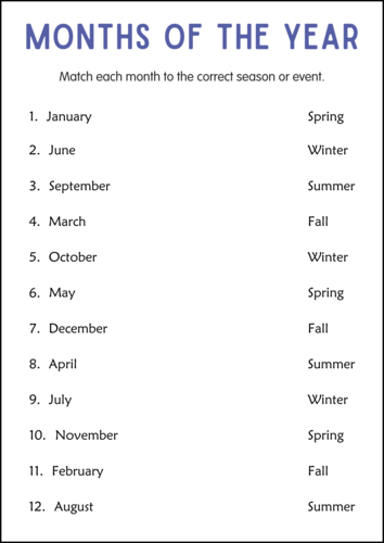 First grade student identifying months of the year on a calendar worksheet