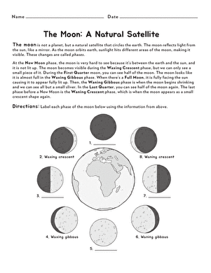 Third grade science worksheet illustrating the New, Quarter, and Full Moon phases