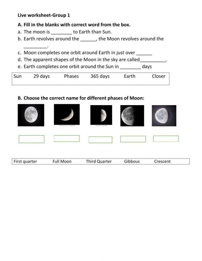Sixth grade science worksheet illustrating the different phases of the moon in the Earth-Sun-Moon system