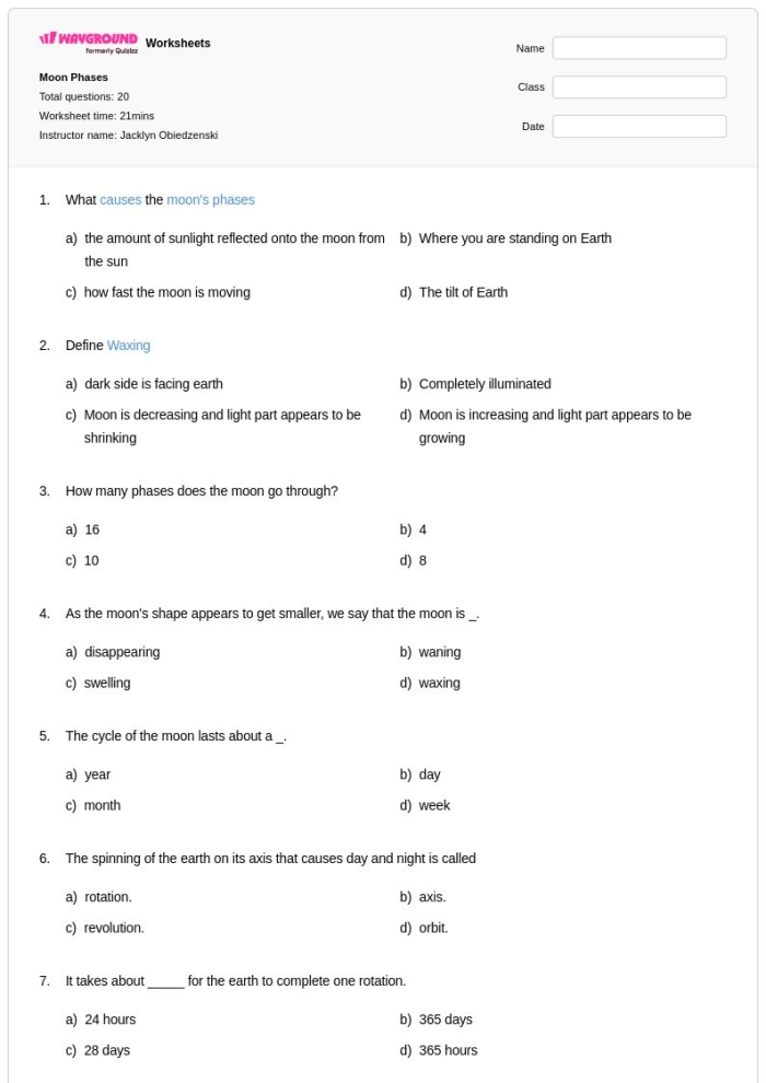 Phases of the Moon worksheet for sixth graders to explore the Earth-Sun-Moon system
