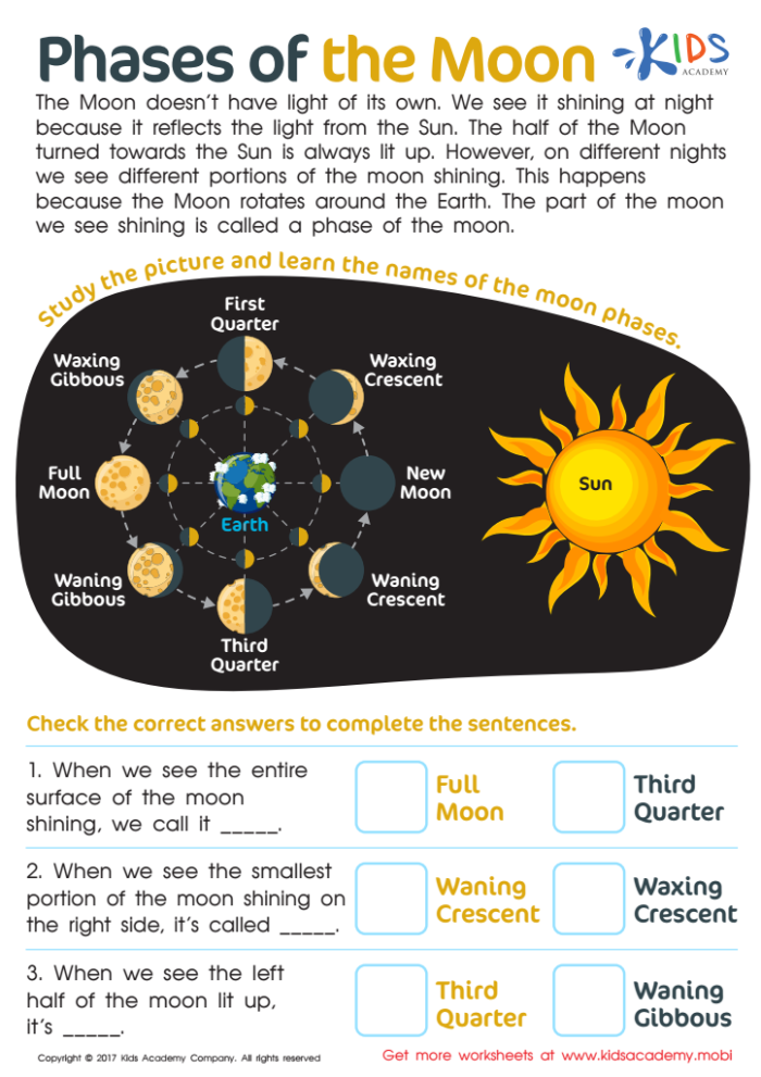 Phases of the Moon worksheet for sixth-grade students exploring the Earth-Sun-Moon system