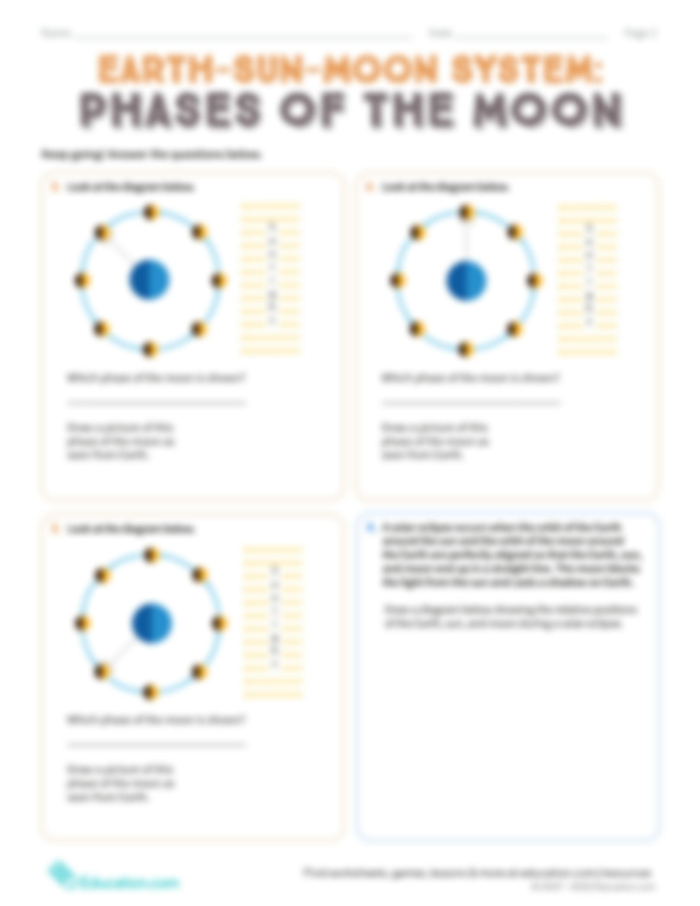 Worksheet illustrating the phases of the moon for sixth graders