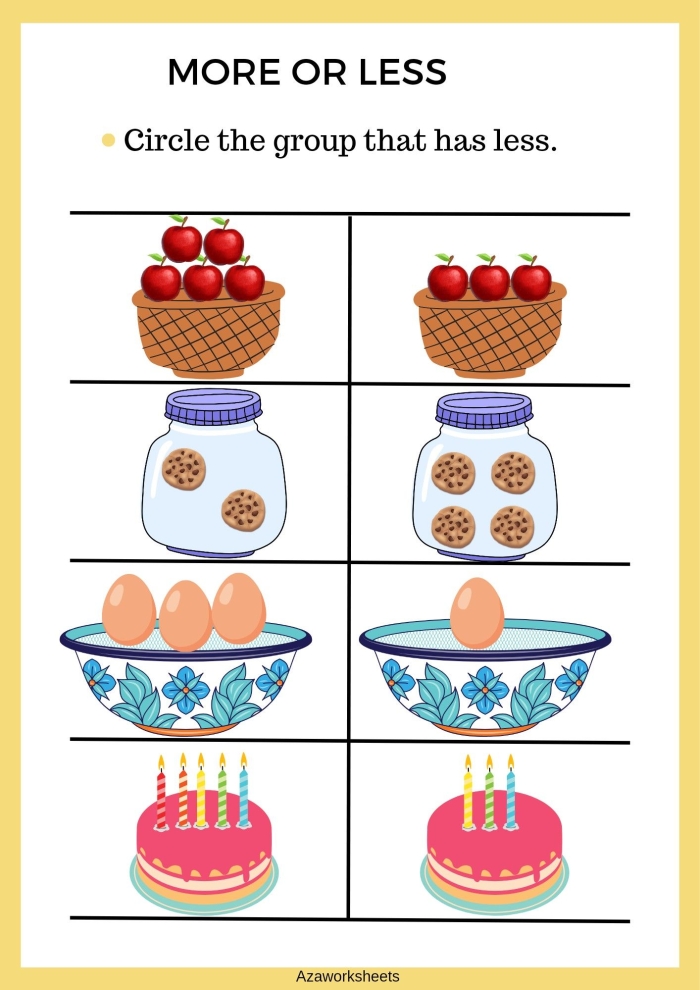 Writing worksheet for Kindergarten A kindergarten student compares groups of animals to identify which has more and which has less. More and Less Worksheet for Kindergarten: Counting Skills Activity.