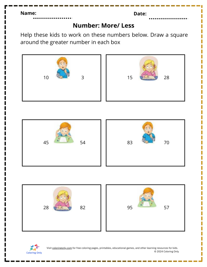 Engaging activity for children to identify groups with more or less quantity More and Less worksheet illustrating counting skills for kindergarteners