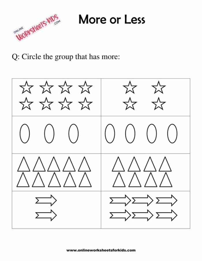 Reading worksheet for Kindergarten More and Less: Less worksheet for Kindergarten