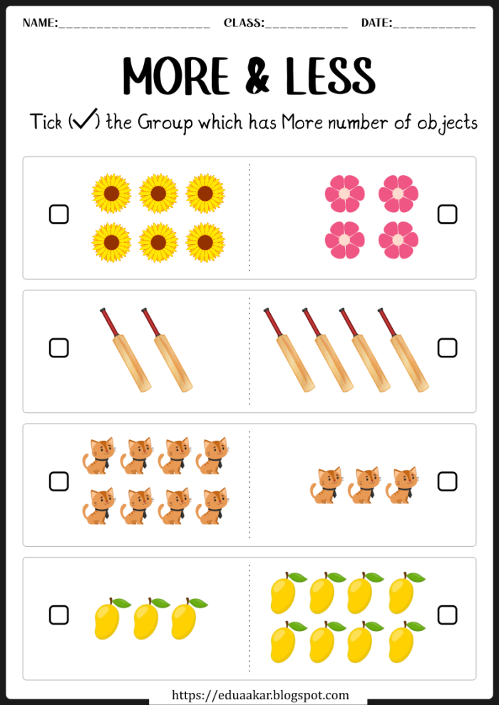 Writing worksheet for Kindergarten A kindergarten student compares groups to determine which has more or less in this engaging worksheet. More and Less Worksheet for Kindergarten - Image 14