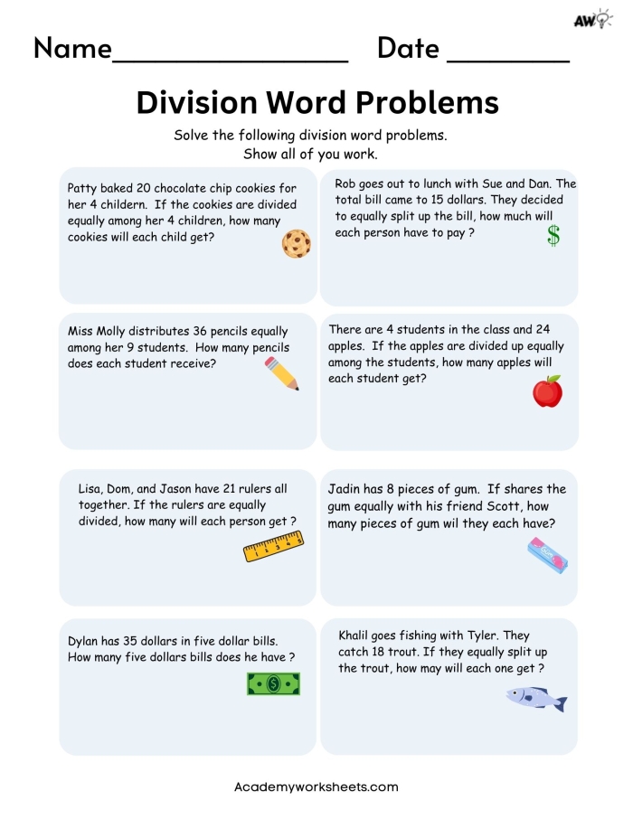 More Long Division Word Problems worksheet for fourth graders featuring math problems to solve