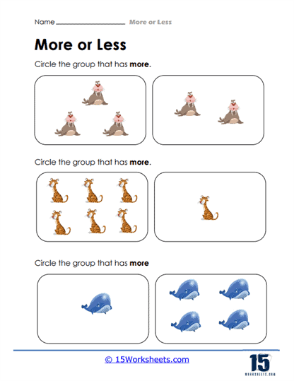 Colorful More or Less Animals worksheet designed for preschool counting practice and comparing groups of animals. Engaging math activity for Pre-K students to learn about quantity.