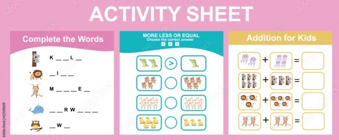 Colorful More or Less Animals worksheet featuring various groups of animals for counting practice