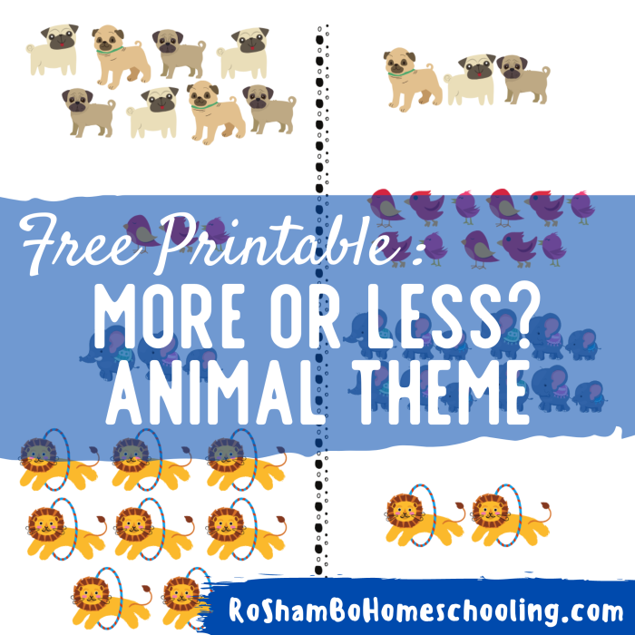 Colorful More or Less Animals worksheet for preschool counting practice