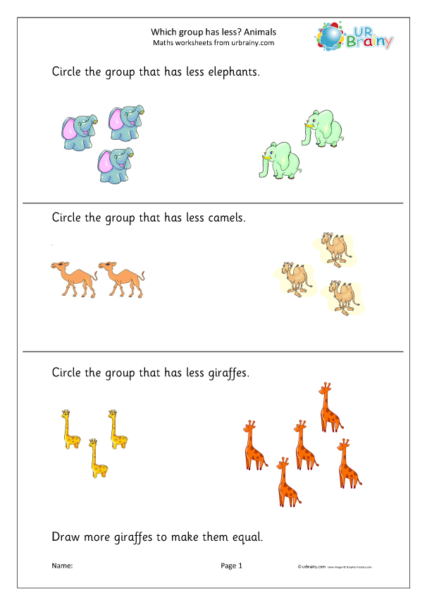 Colorful More or Less Animals worksheet for preschool counting practice