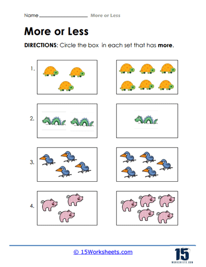 Colorful More or Less Animals worksheet for preschool counting practice
