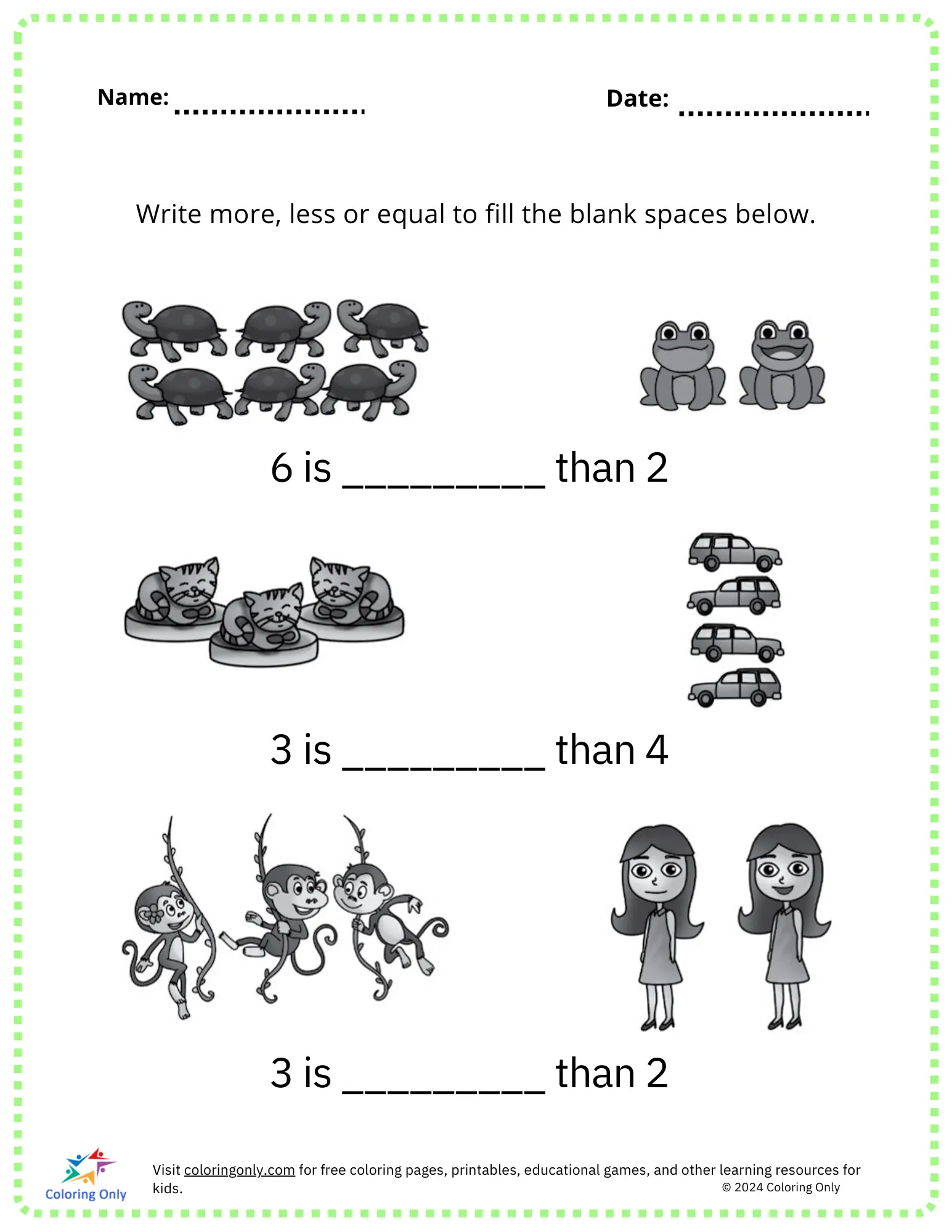 Colorful More or Less Animals worksheet designed for preschool counting practice
