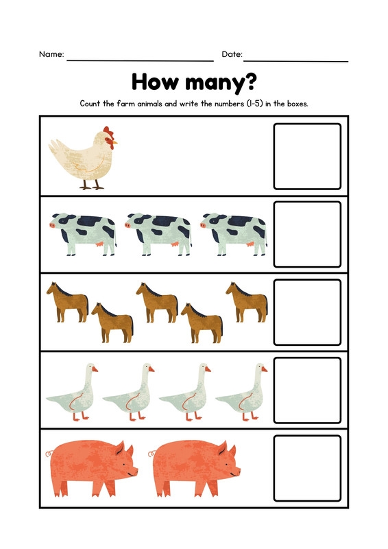 Colorful More or Less Animals worksheet for preschool counting practice