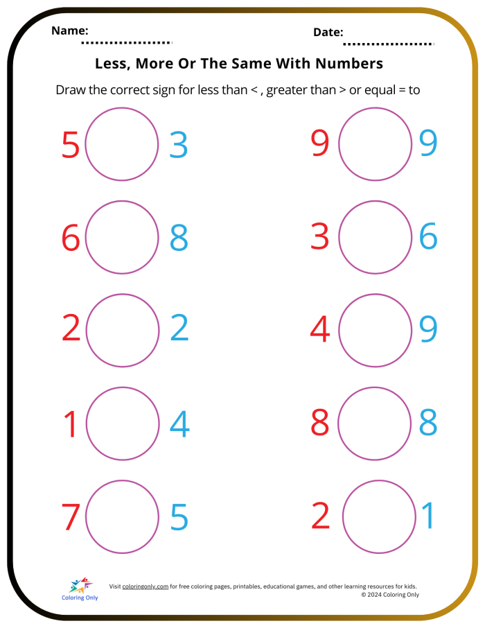 Colorful More or Less Animals worksheet designed for preschool counting practice