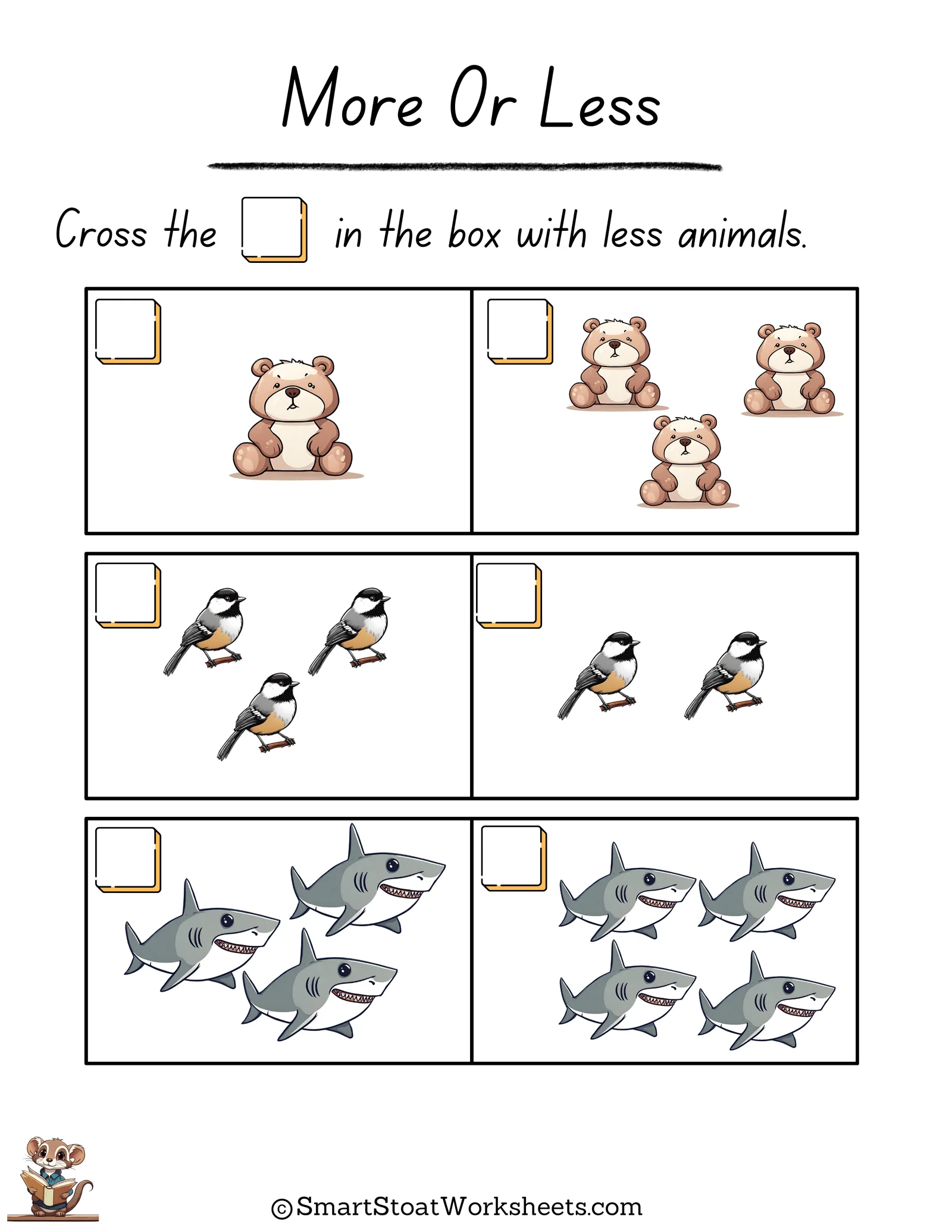 Colorful counting worksheet featuring various groups of animals for preschoolers to learn about more and less. Engaging More or Less Animals worksheet for early math skills in Pre-K.