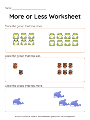 Colorful More or Less Animals worksheet for preschool counting practice