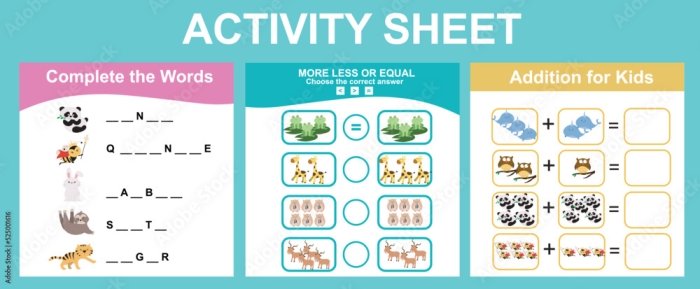 Colorful More or Less Animals worksheet for preschoolers, featuring various animal groups for counting practice