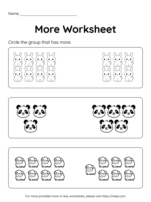 Colorful More or Less Animals worksheet for preschool counting practice