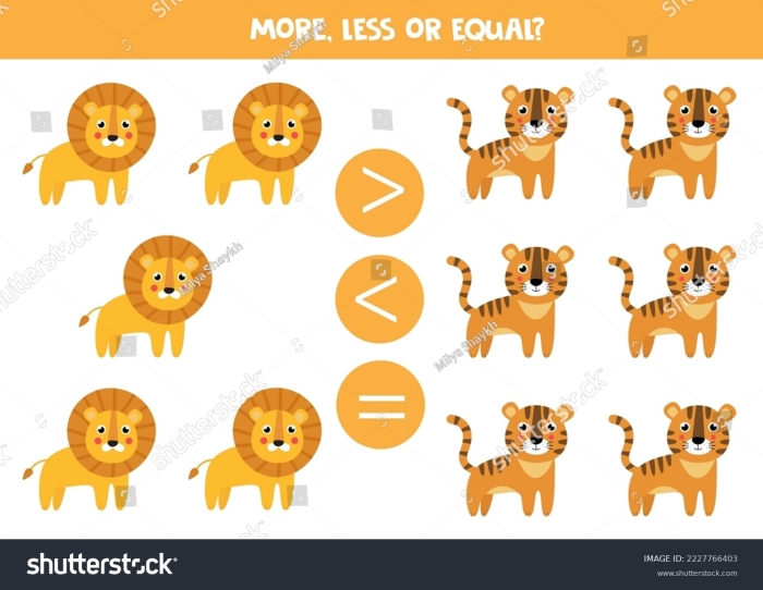 Colorful More or Less Animals worksheet for preschool counting practice