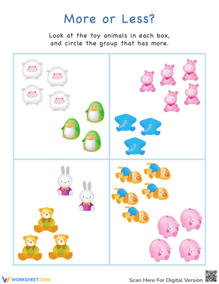 Colorful worksheet featuring animals for teaching preschoolers about counting and comparing more or less. Engaging math practice for Pre-K students to enhance their counting skills.